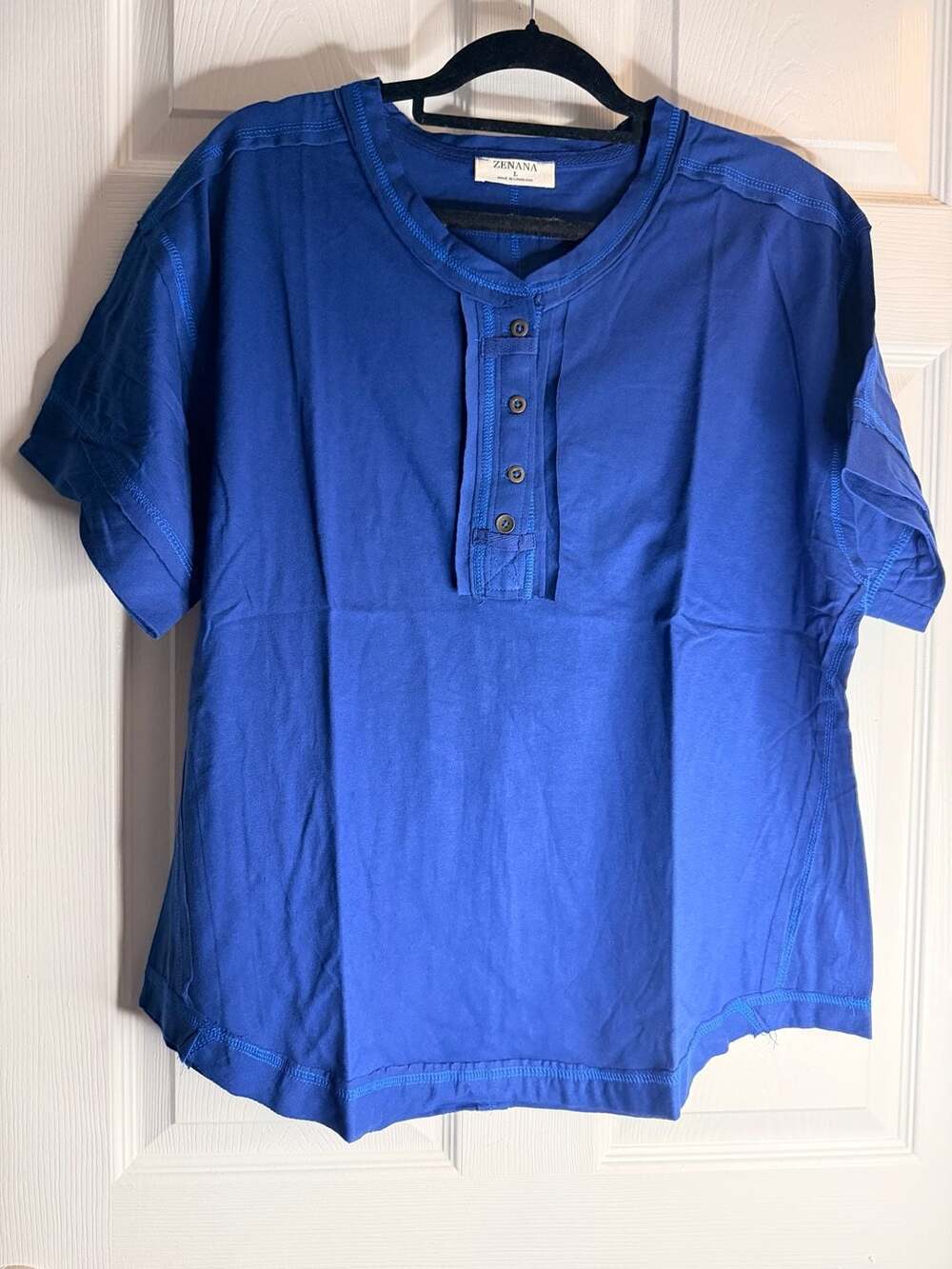 Zenana Henley Shirt Size L Royal Blue Short Sleeve Button Top